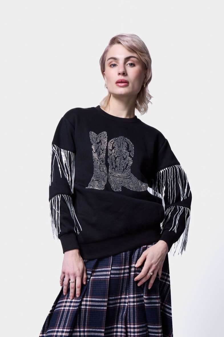 Rhinestone Cowboy Boot Fringe Sweatshirt SILKROAD DAUGHTERS