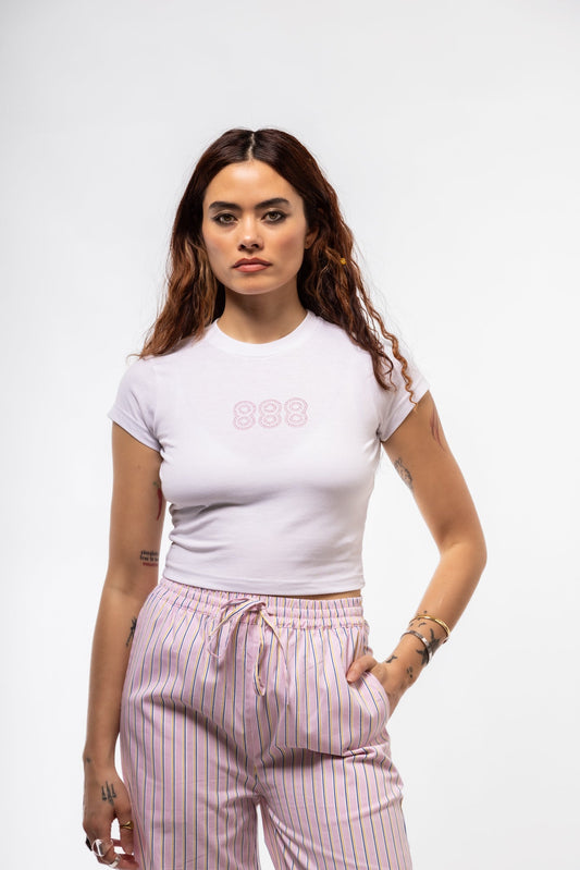 Rhinestone graphic tee front shot showcasing bold “888” rhinestone pattern and soft fabric

