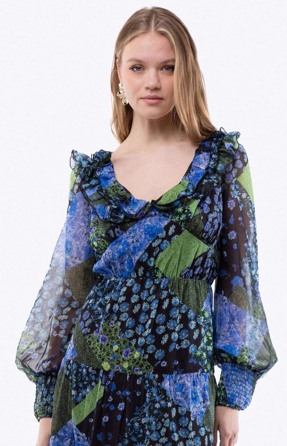 Smocked Balloon Sleeve Frill Trim Tiered Dress