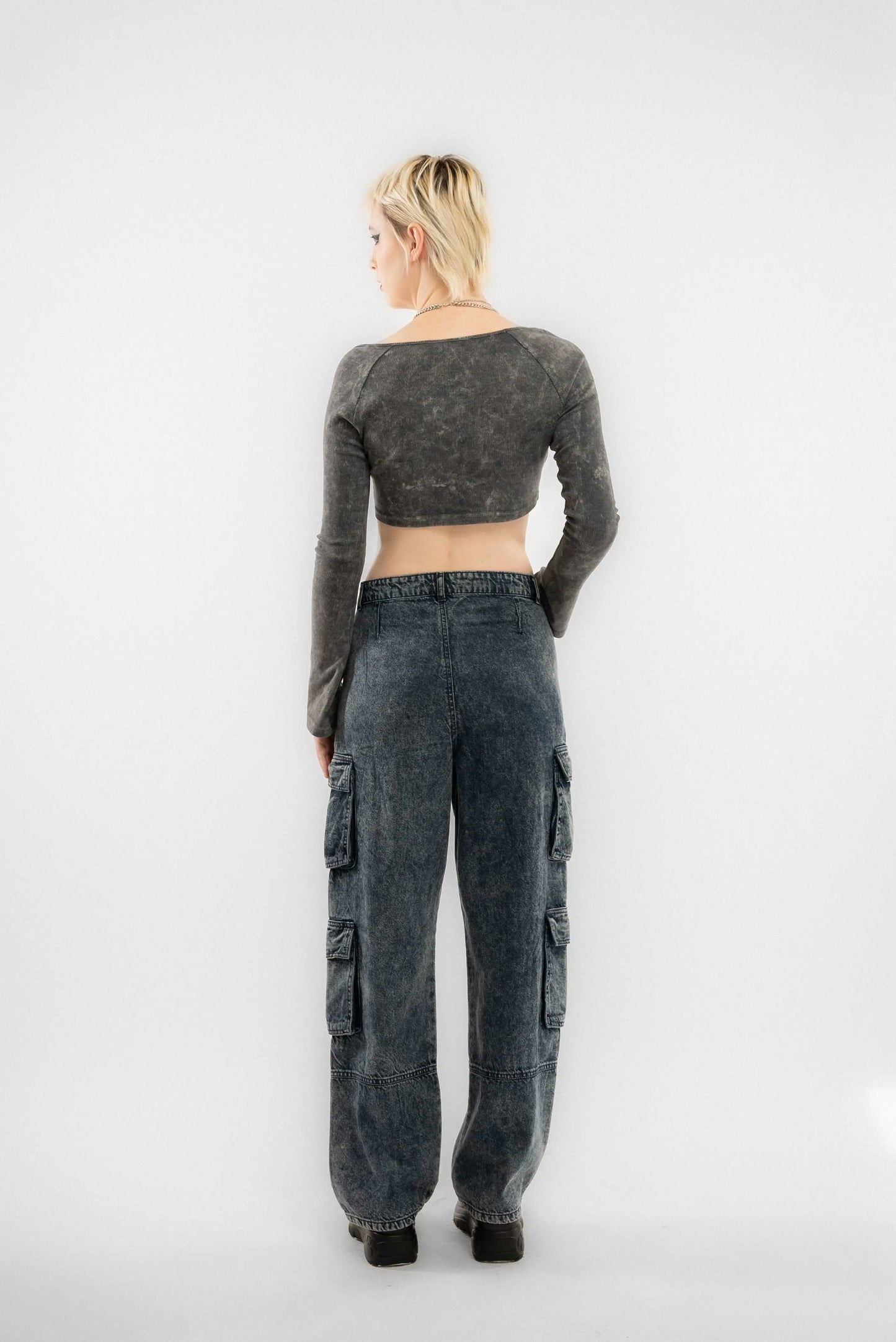 Acid Wash Wide Leg Denim Cargo Jeans