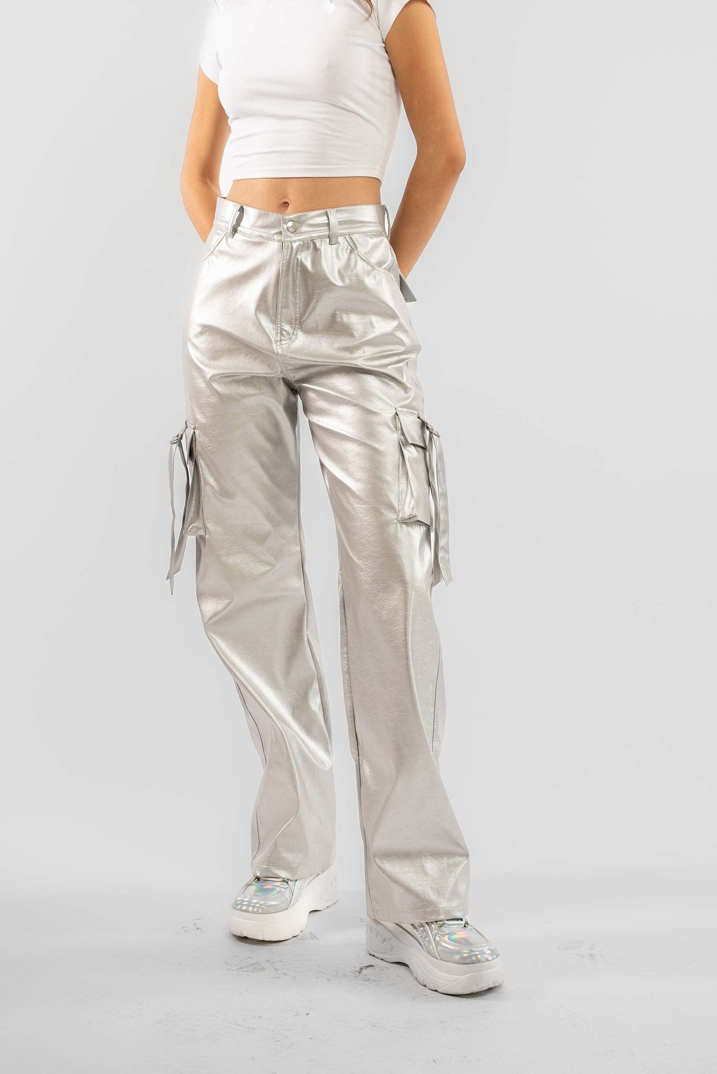 Silver Coated Faux Leather Wide Leg Cargo Trousers