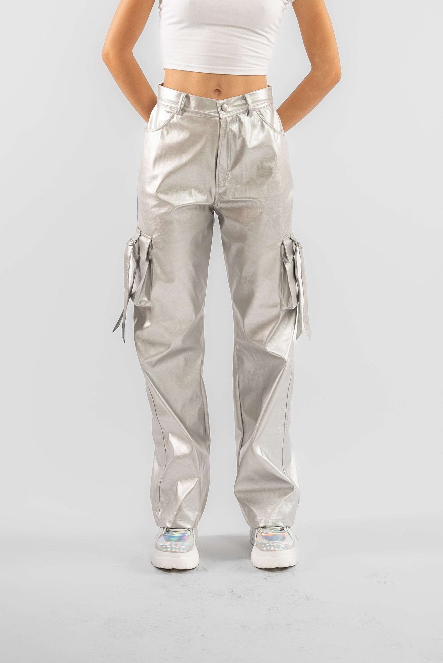 Silver Coated Faux Leather Wide Leg Cargo Trousers