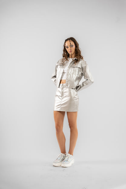 Silver Coated Faux Leather Mini Skirt