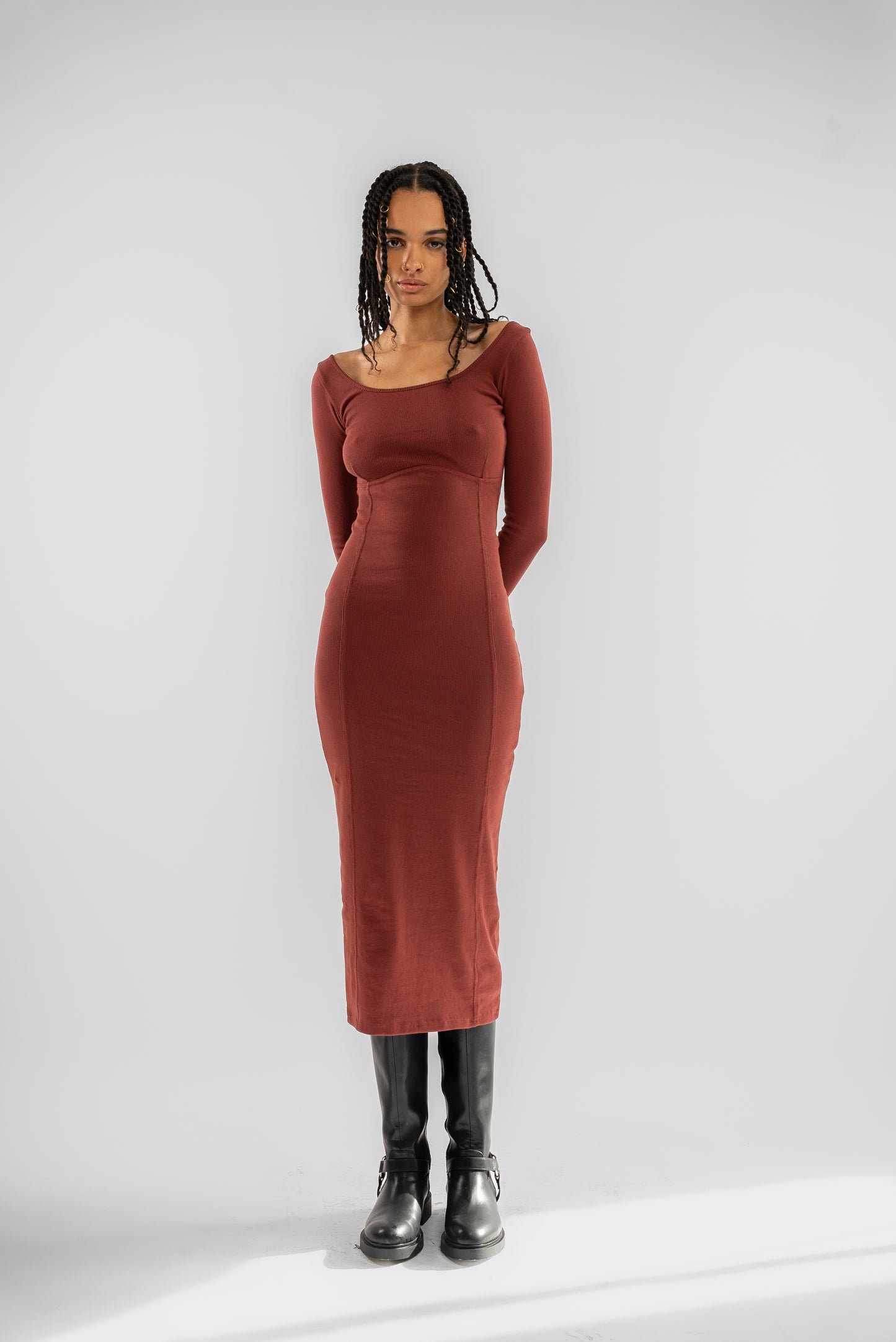 Fired Brick Scoop Neck Seam Detail Rib Midi Dress