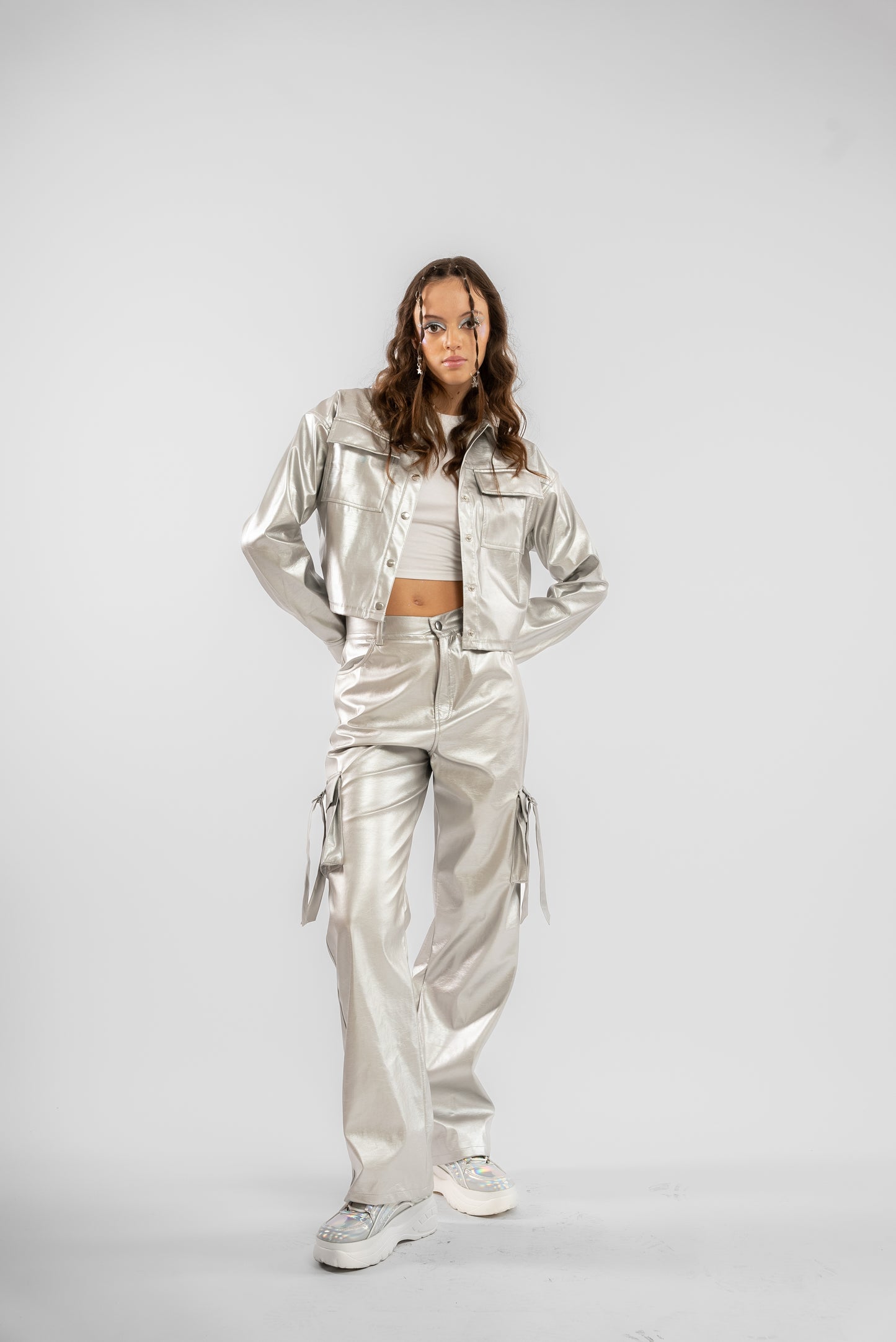 Silver Coated Faux Leather Wide Leg Cargo Trousers