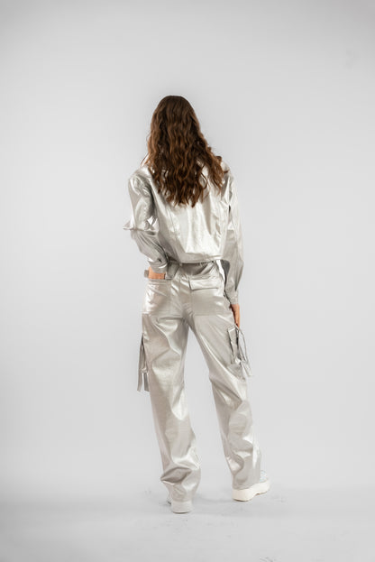 Silver Coated Faux Leather Wide Leg Cargo Trousers