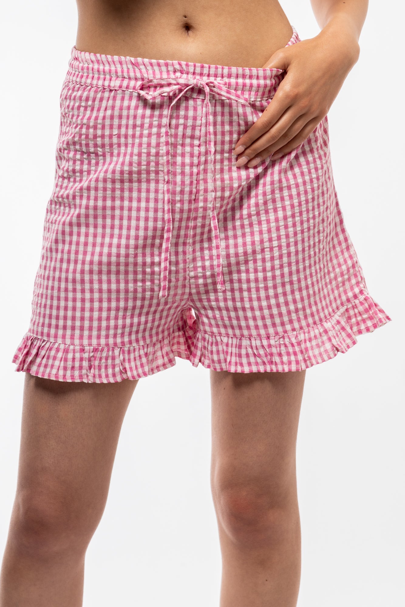 GINGHAM RUFFLE HEM SHORTS SILKROAD DAUGHTERS
