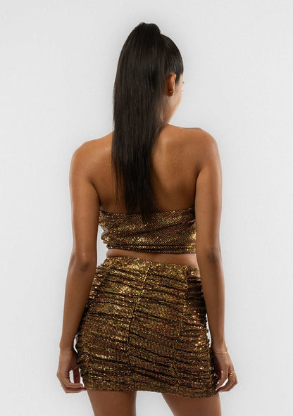 Gold Sequin Ruched Mini Skirt