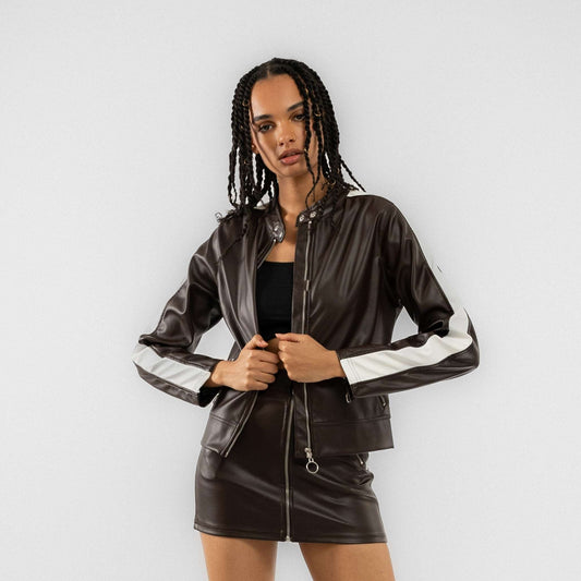 Contrast Motocross Faux Leather with Zip Mini Skirt SILKROAD DAUGHTERS