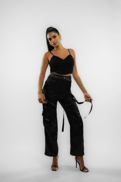 Black Heavy Satin Wide-Leg D-Ring Pocket Trousers