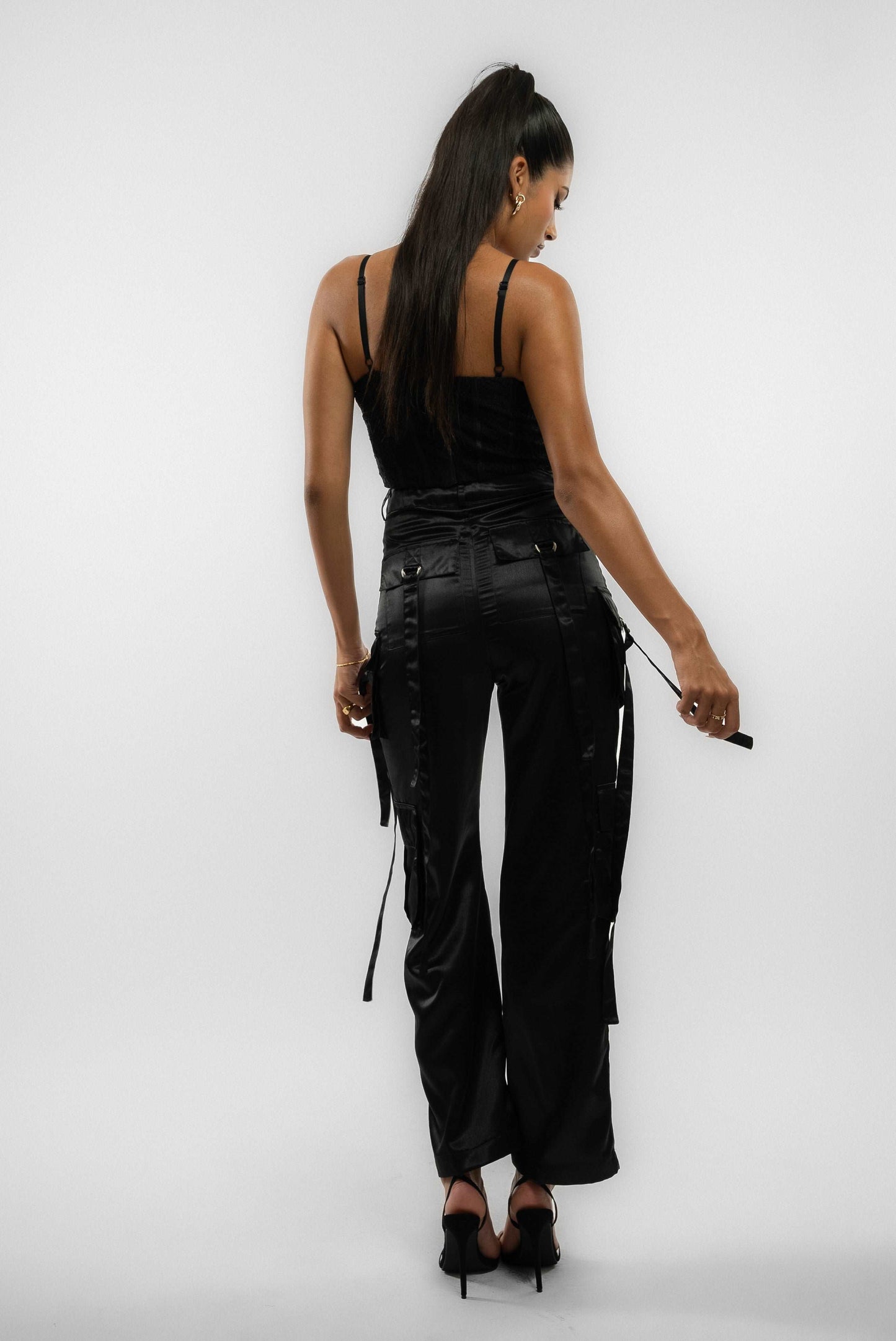 Black Heavy Satin Wide-Leg D-Ring Pocket Trousers