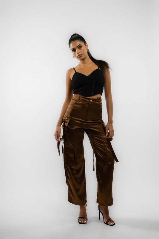 Black Heavy Satin Wide-Leg D-Ring Pocket Trousers SILKROAD DAUGHTERS