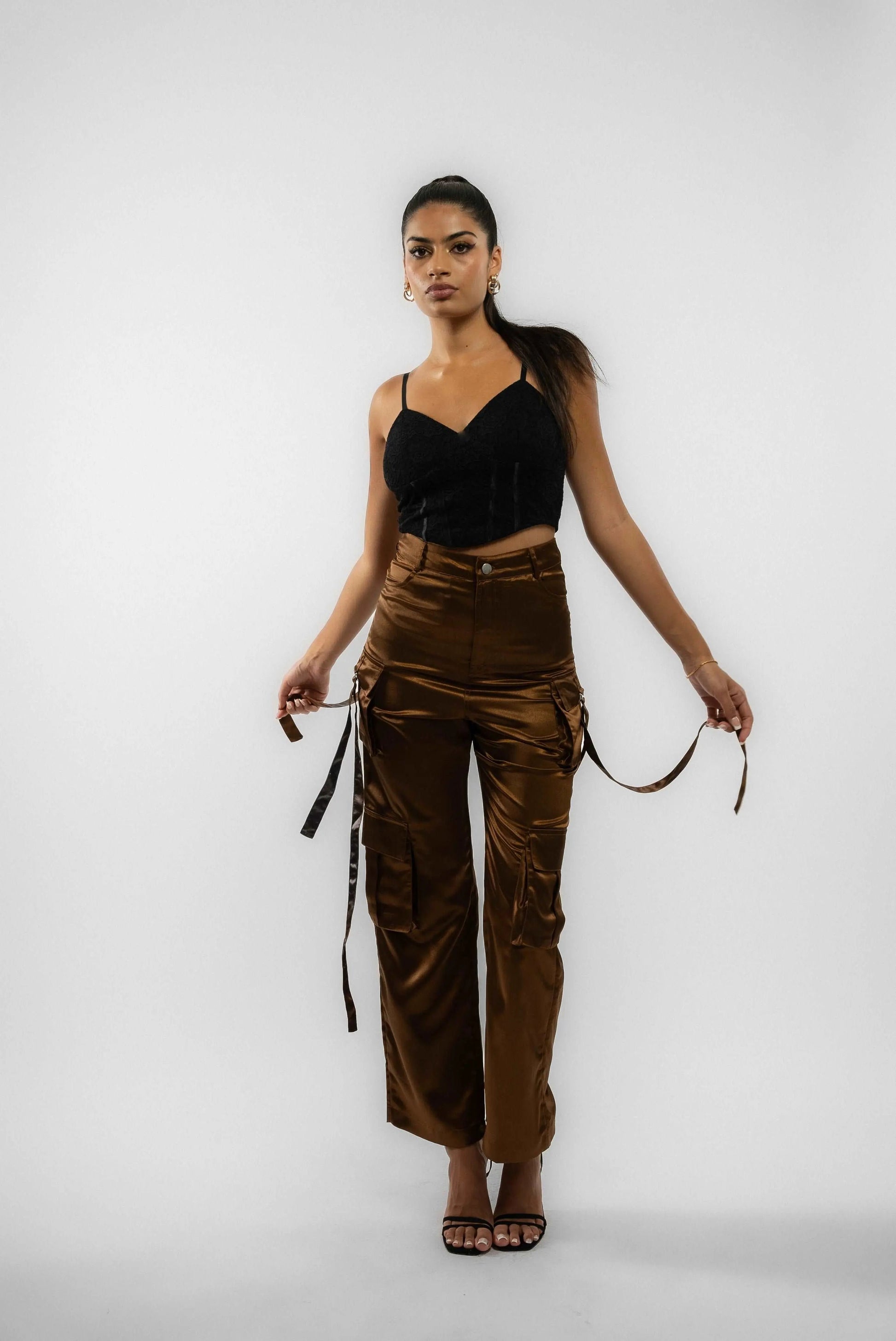 Black Heavy Satin Wide-Leg D-Ring Pocket Trousers SILKROAD DAUGHTERS