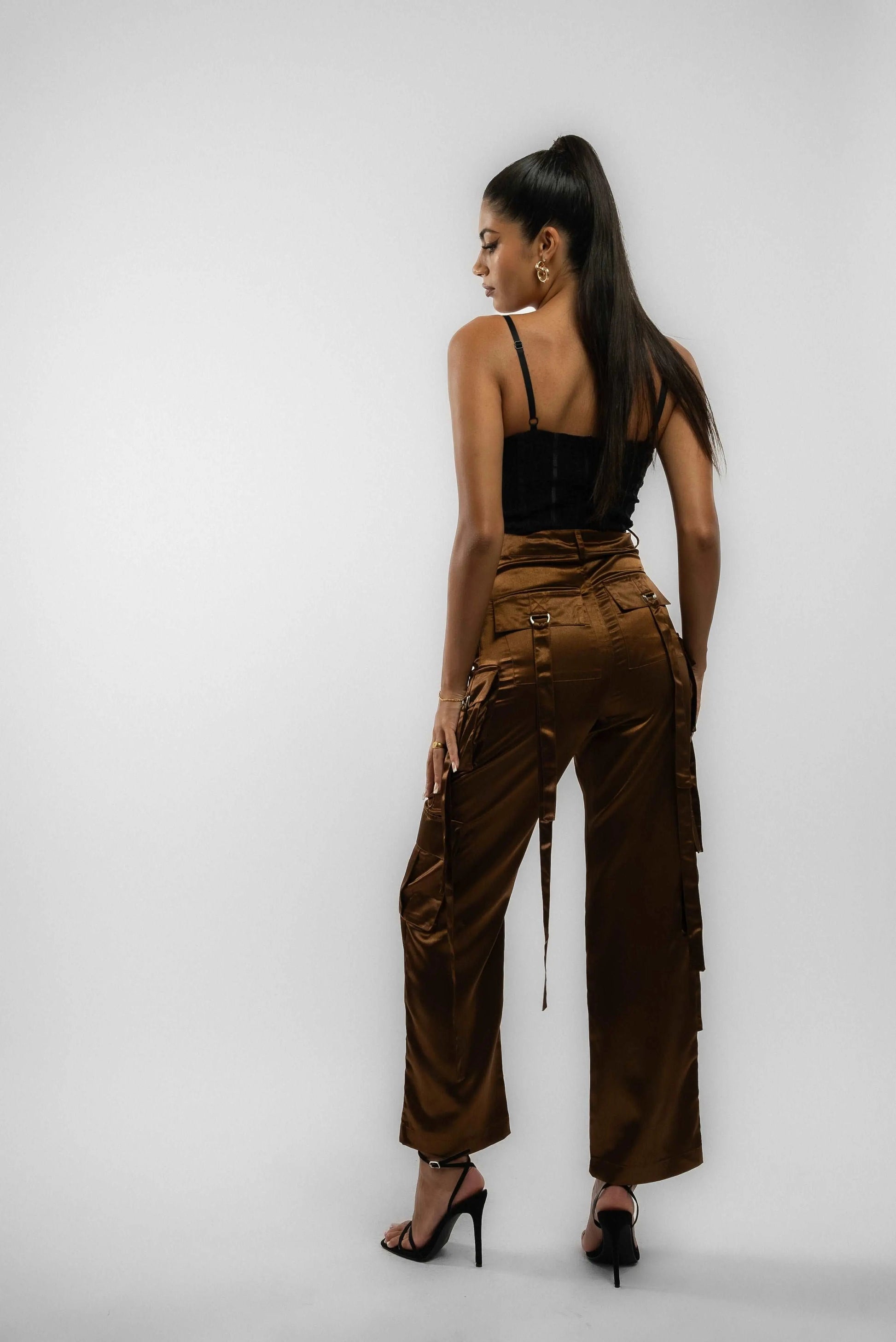 Black Heavy Satin Wide-Leg D-Ring Pocket Trousers SILKROAD DAUGHTERS