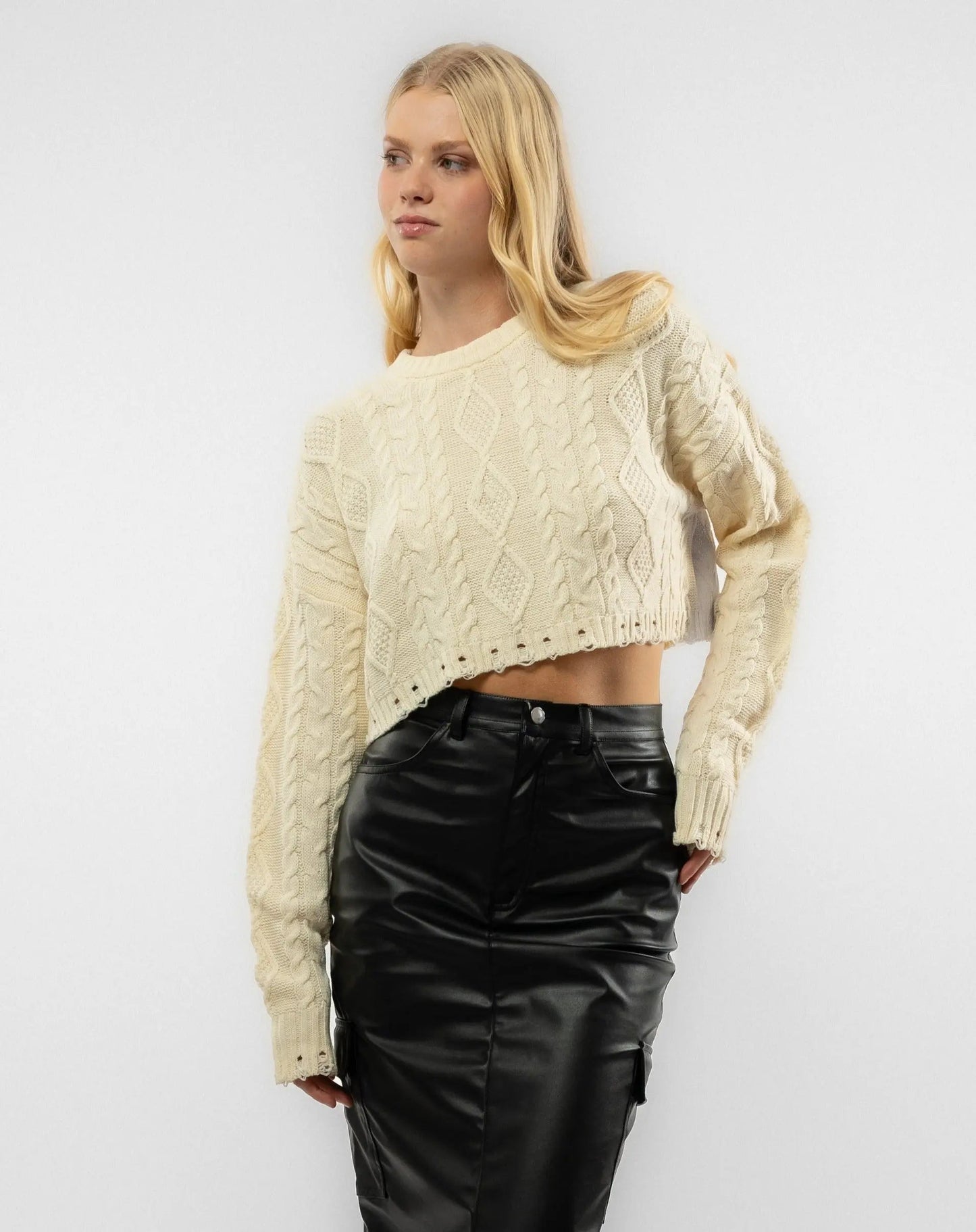 Cable Knit Crop Round Neckline Long Sleeve Sweater SILKROAD DAUGHTERS