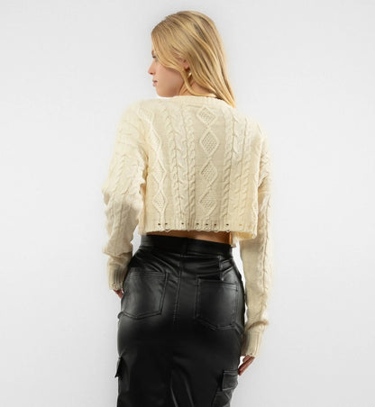 Cable Knit Crop Round Neckline Long Sleeve Sweater SILKROAD DAUGHTERS