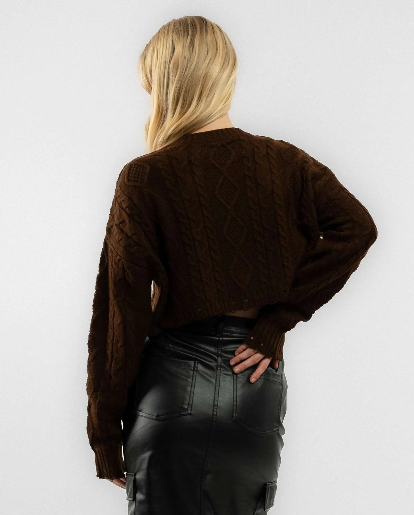 Cable Knit Crop Round Neckline Long Sleeve Sweater SILKROAD DAUGHTERS