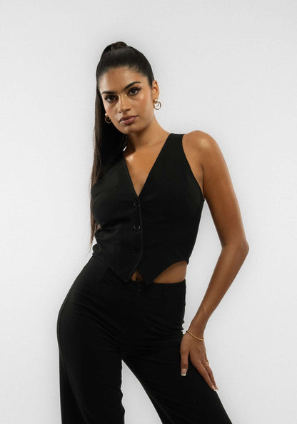 Black Fitted Cropped Tailored Waistcoat