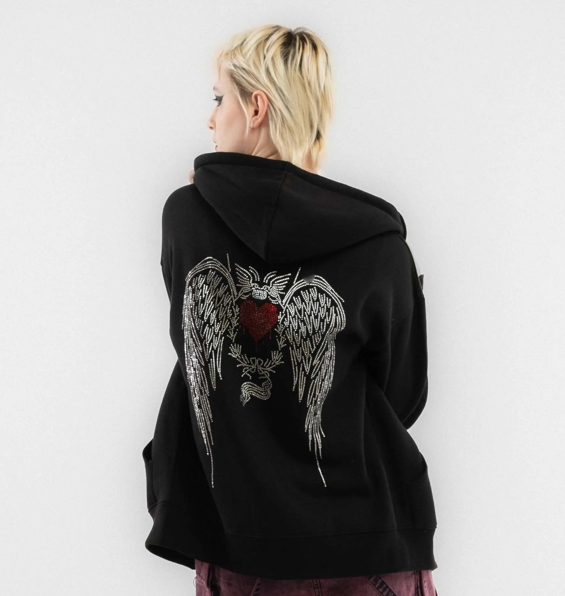 Black Oversized Rhinestone Angel Wings Hoodie