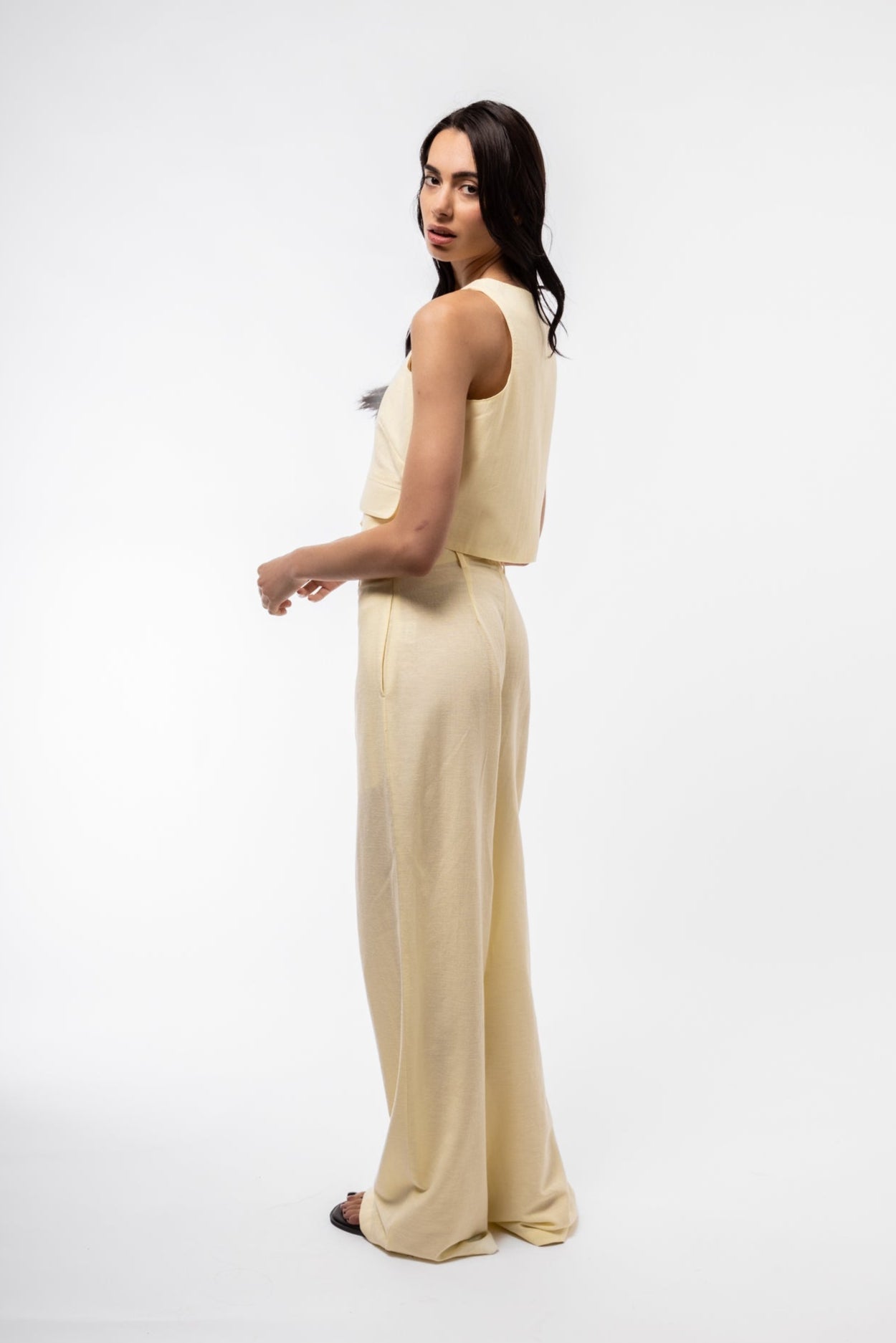 Side Profile image of the Lemon Yellow Vest- Waistcoat in linen blend 