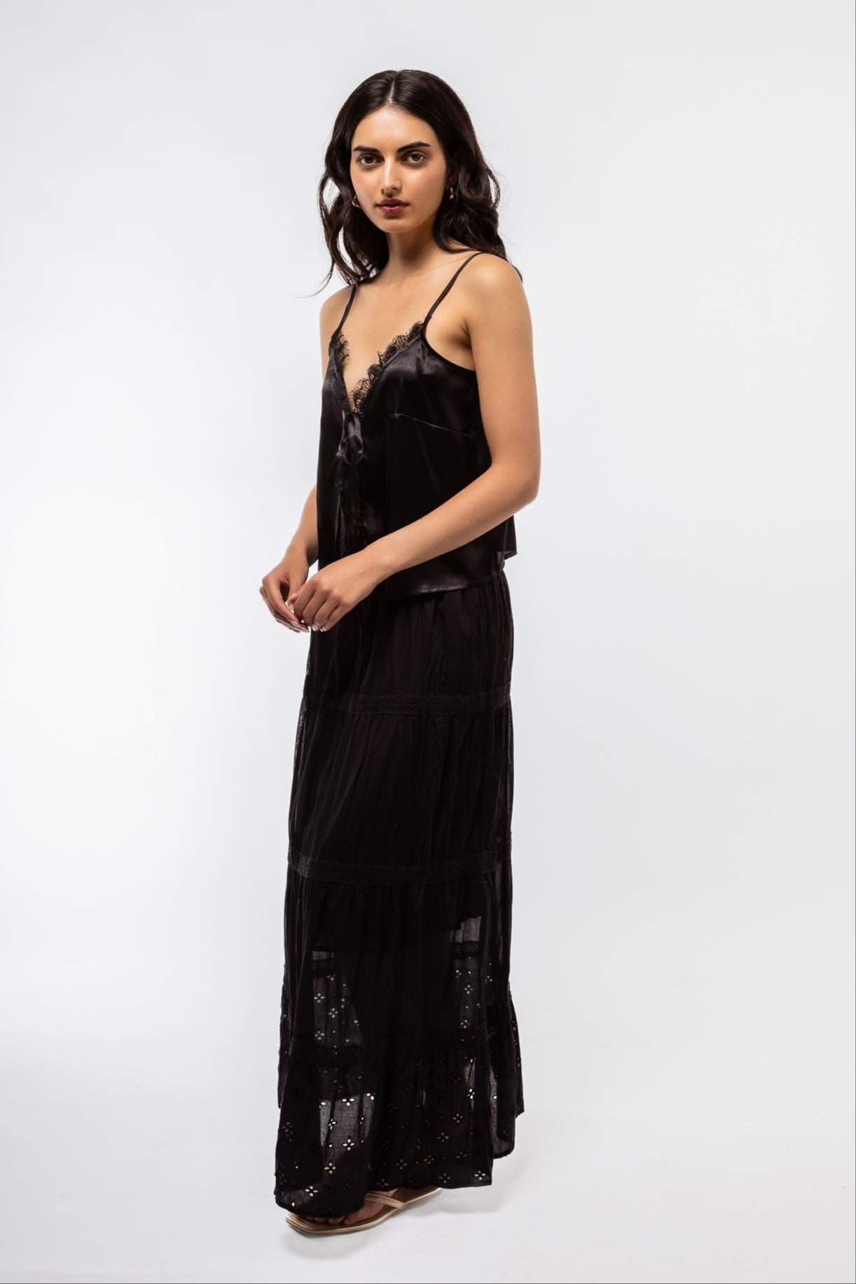 Side Profile of the Black Satin Lace Top 