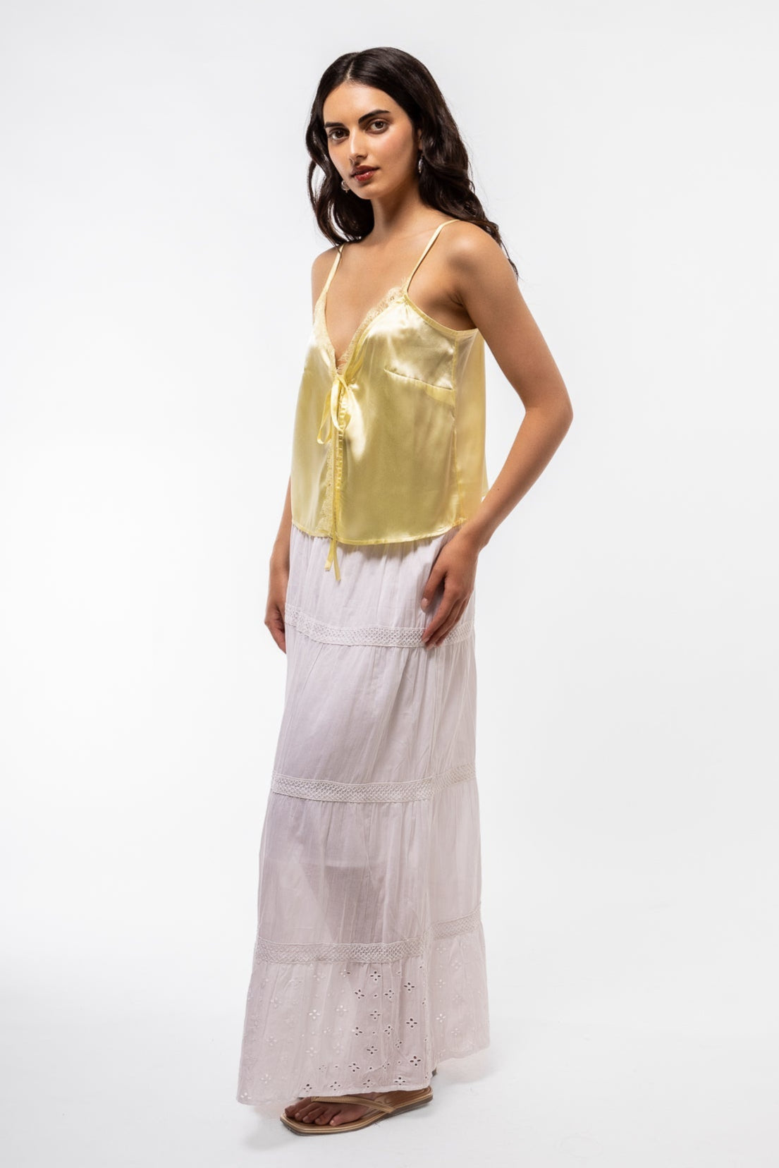 Side view of the Lemon Yellow top in satin 