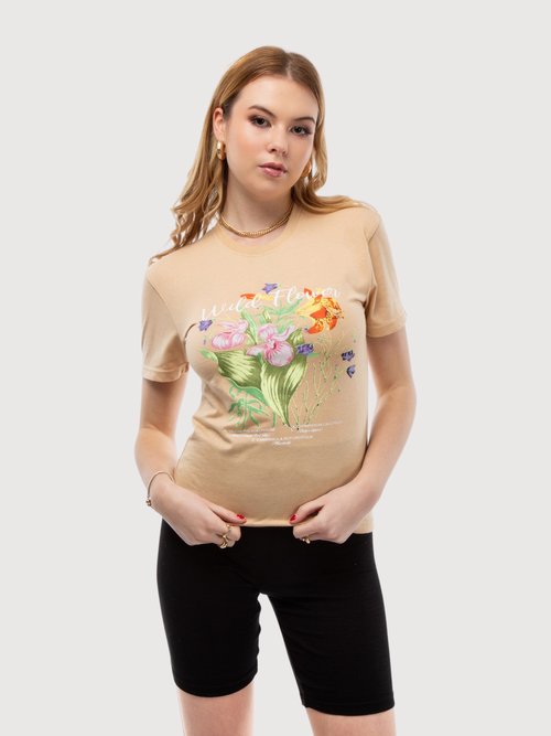 Wheat Wild Flower Print Basic Short Sleeve Tee