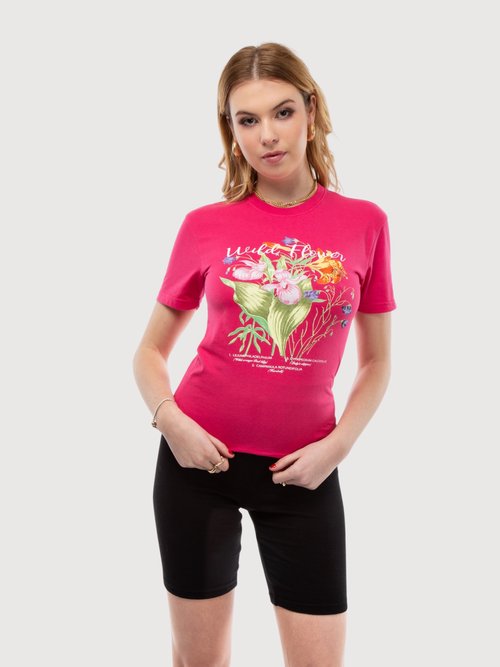 Pink Wild Flower Print Basic Short Sleeve Tee