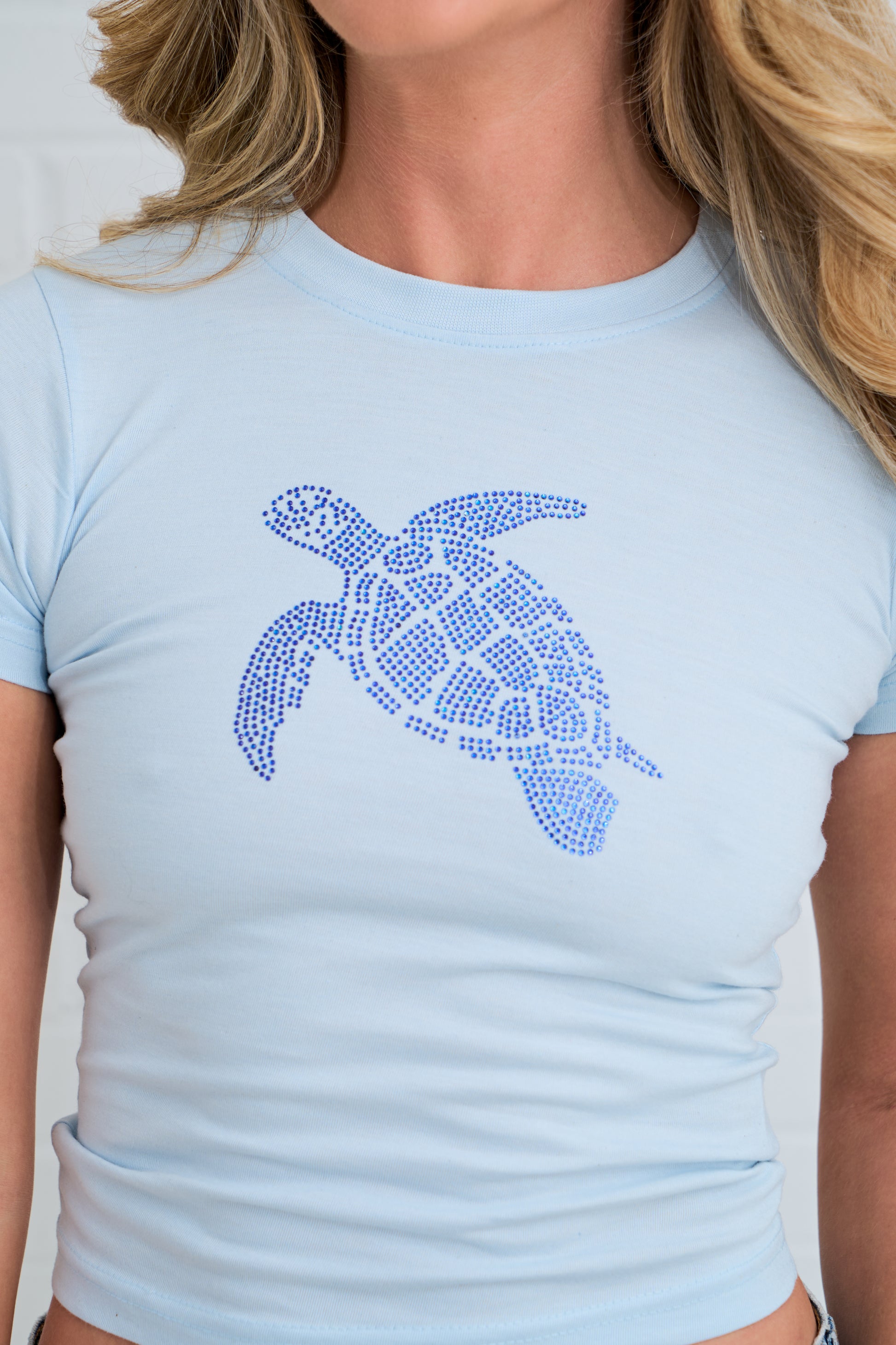 Light blue t-shirt with a turtle design worn by a person