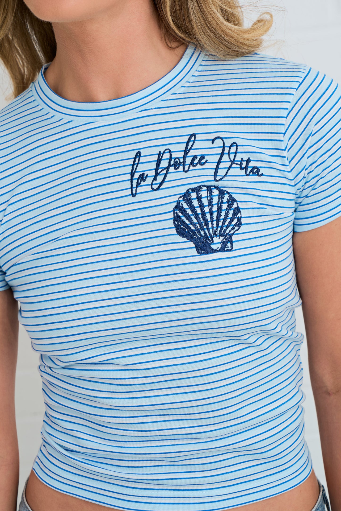 LA DOLCE VITA EMBROIDERED FITTED STRIPE TEE SILKROAD DAUGHTERS