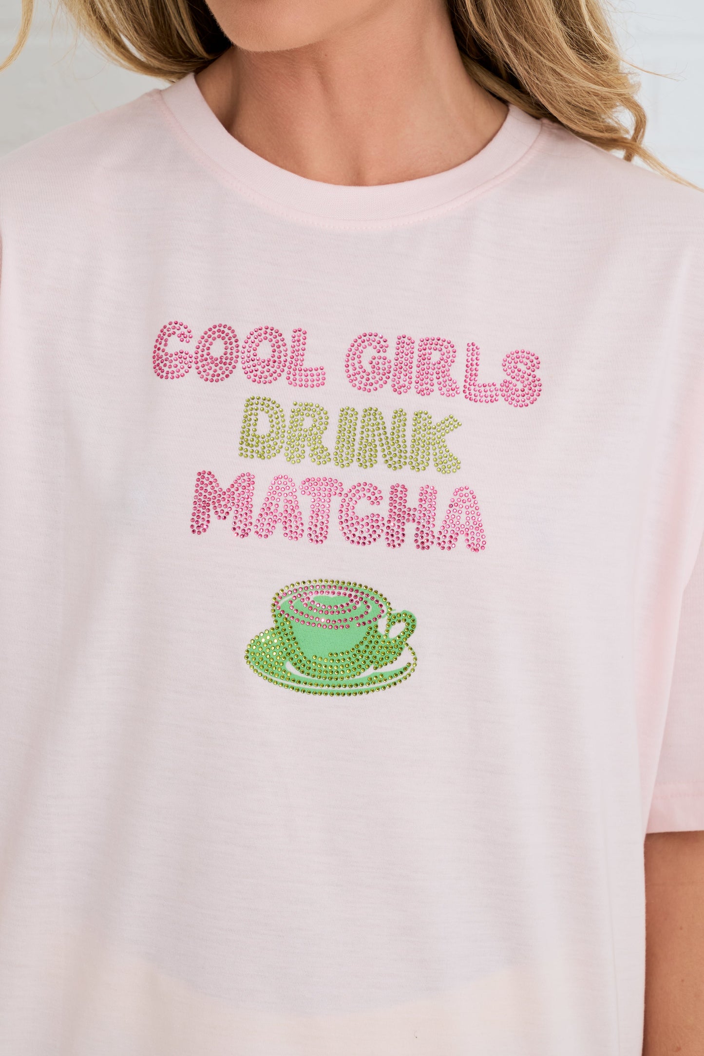 OVERSIZED RHINESTONE TEE COOL GIRLS DRINK MATCHA SILKROAD DAUGHTERS