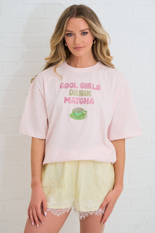 OVERSIZED RHINESTONE TEE COOL GIRLS DRINK MATCHA SILKROAD DAUGHTERS