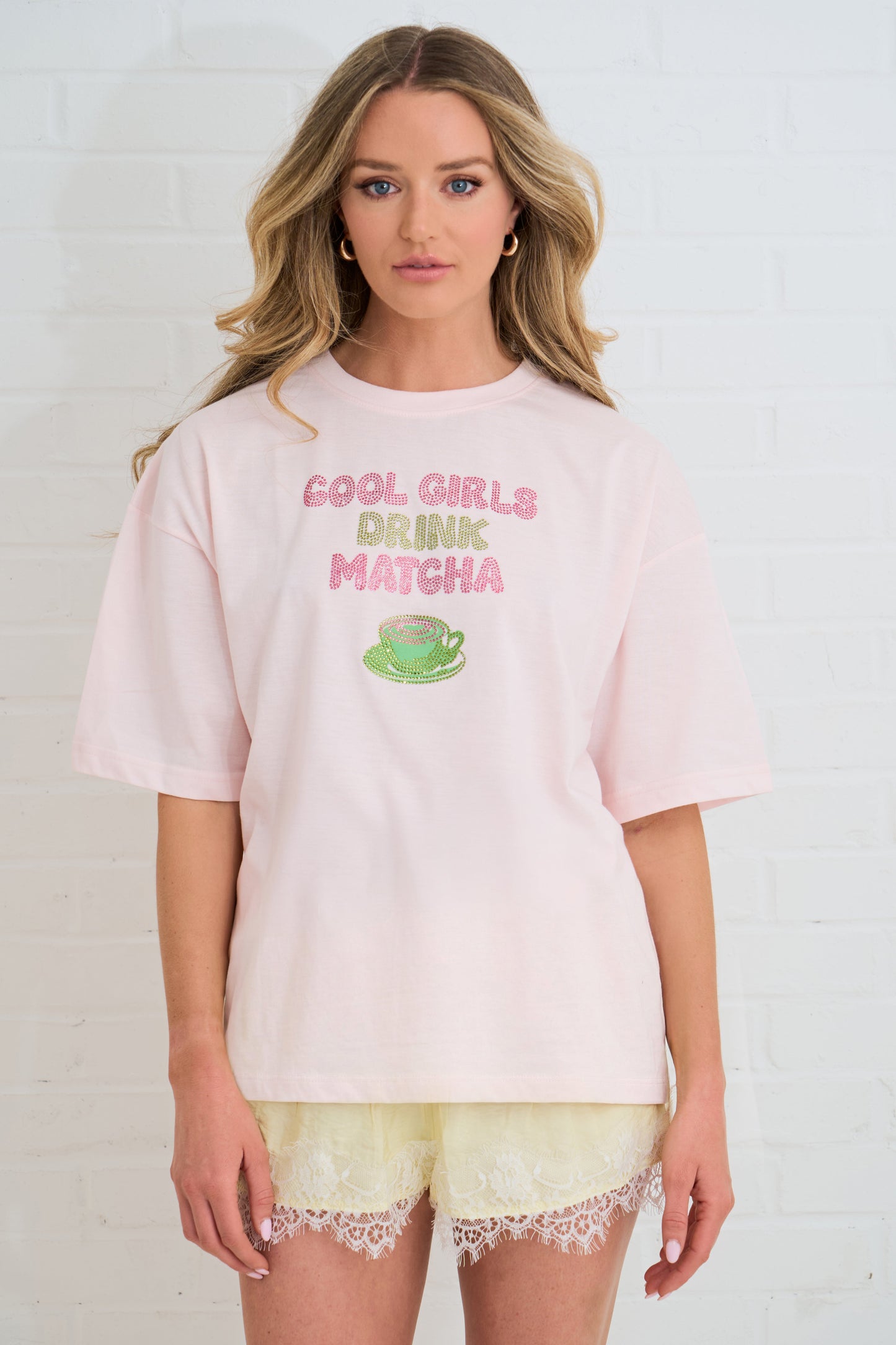 OVERSIZED RHINESTONE TEE COOL GIRLS DRINK MATCHA SILKROAD DAUGHTERS
