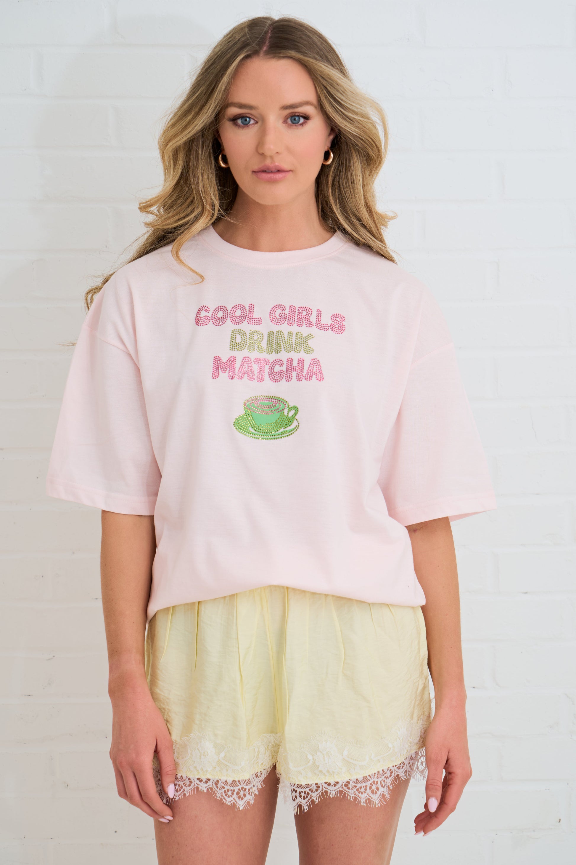 OVERSIZED RHINESTONE TEE COOL GIRLS DRINK MATCHA SILKROAD DAUGHTERS