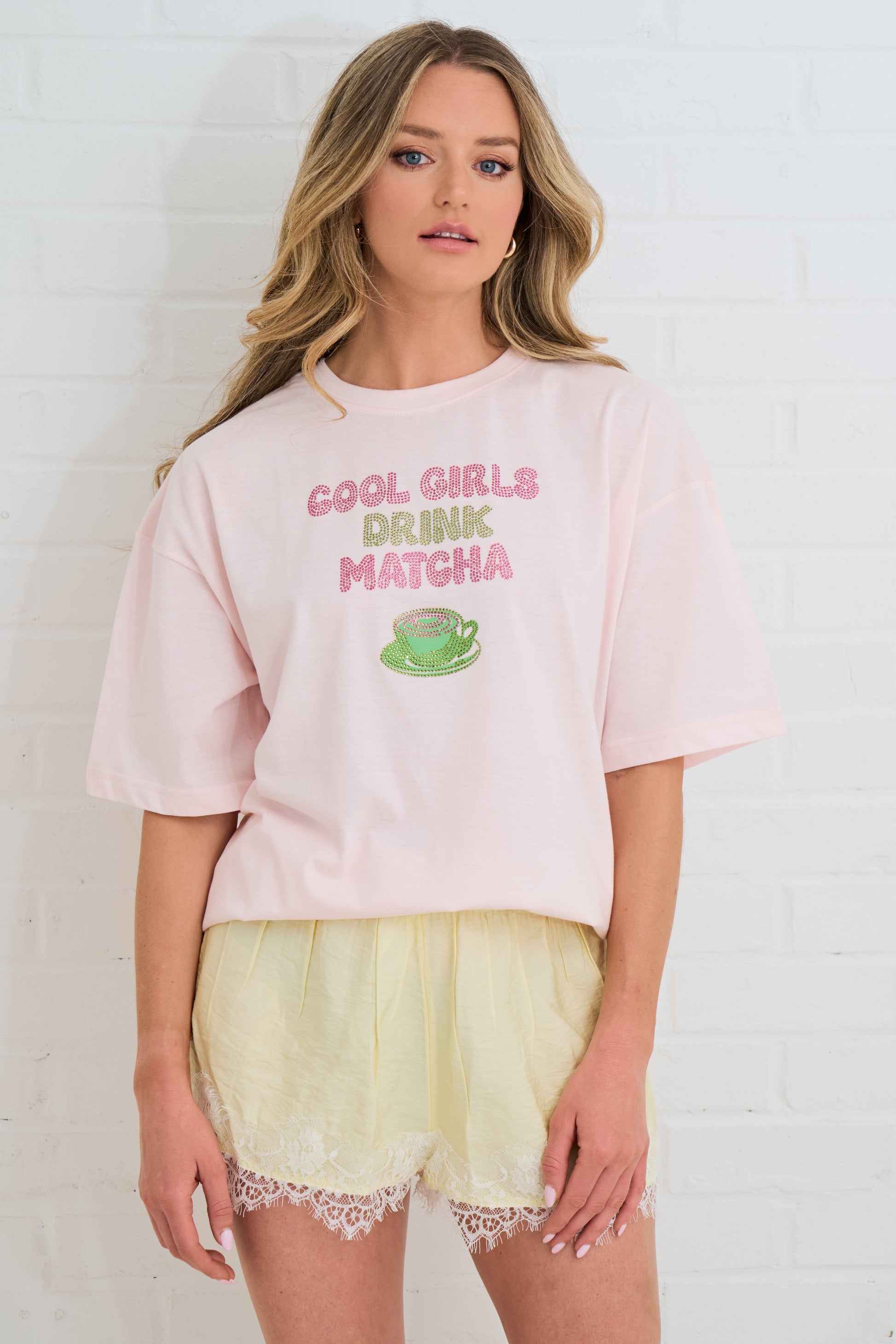 OVERSIZED RHINESTONE TEE COOL GIRLS DRINK MATCHA SILKROAD DAUGHTERS
