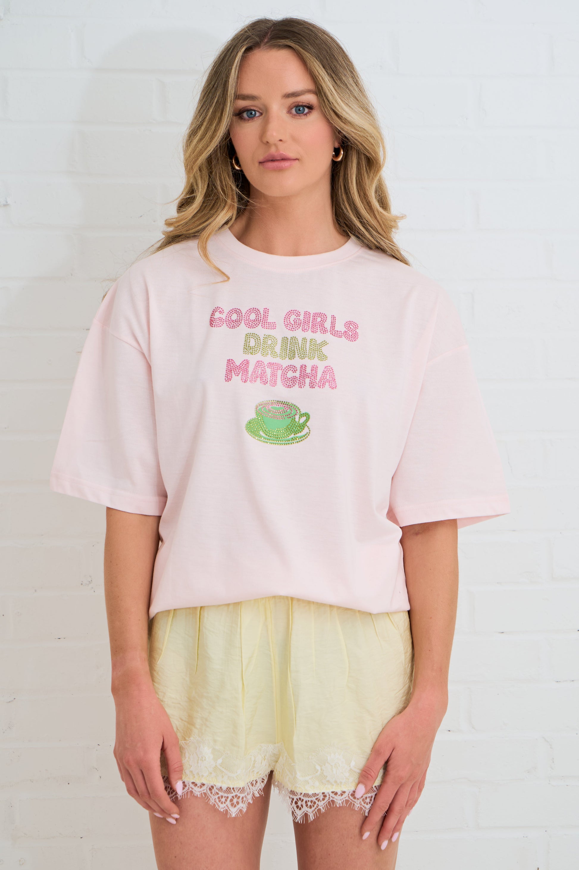 OVERSIZED RHINESTONE TEE COOL GIRLS DRINK MATCHA SILKROAD DAUGHTERS