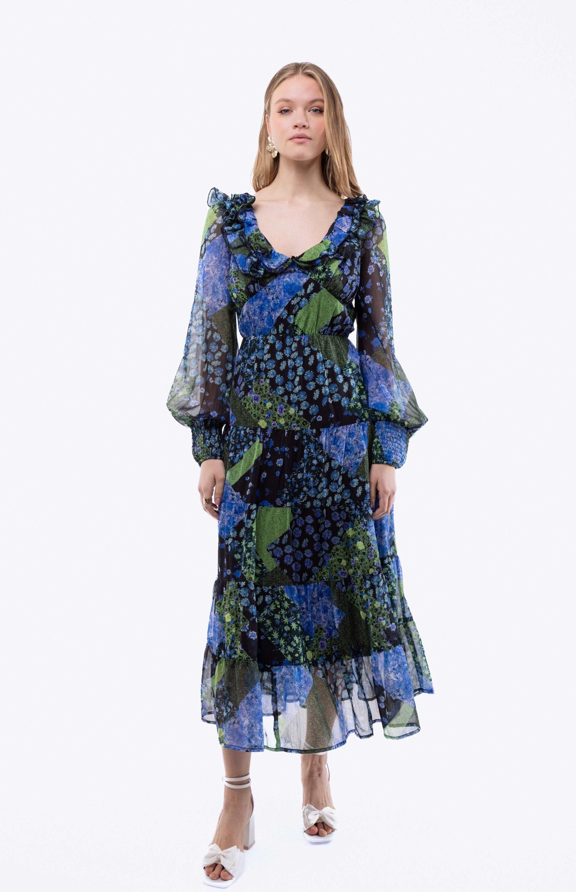 Balloon Sleeve Tiered Midi Dress