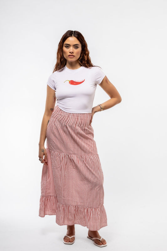 Striped red midi SKIRT with cinched waist – front look

