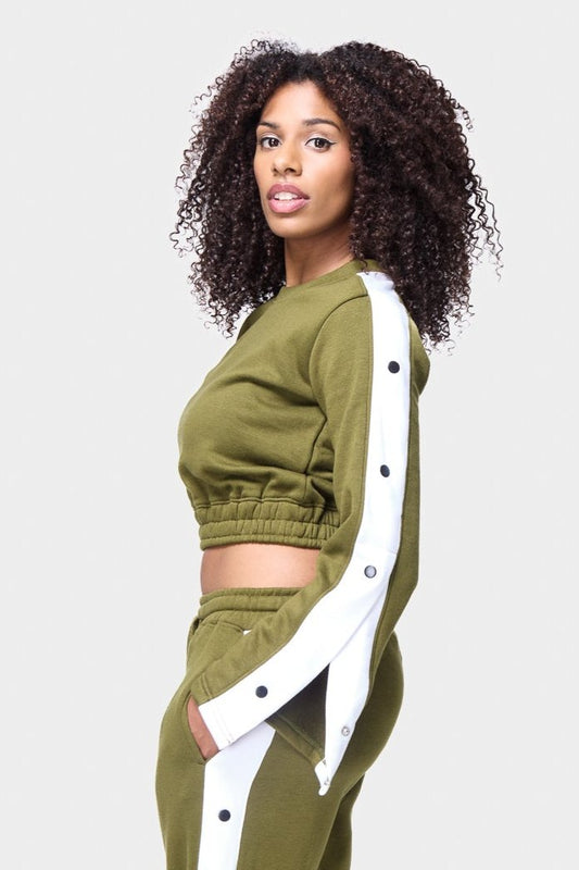 Women’s khaki cropped top with snap-button accents, perfect for athleisure or casual wear.