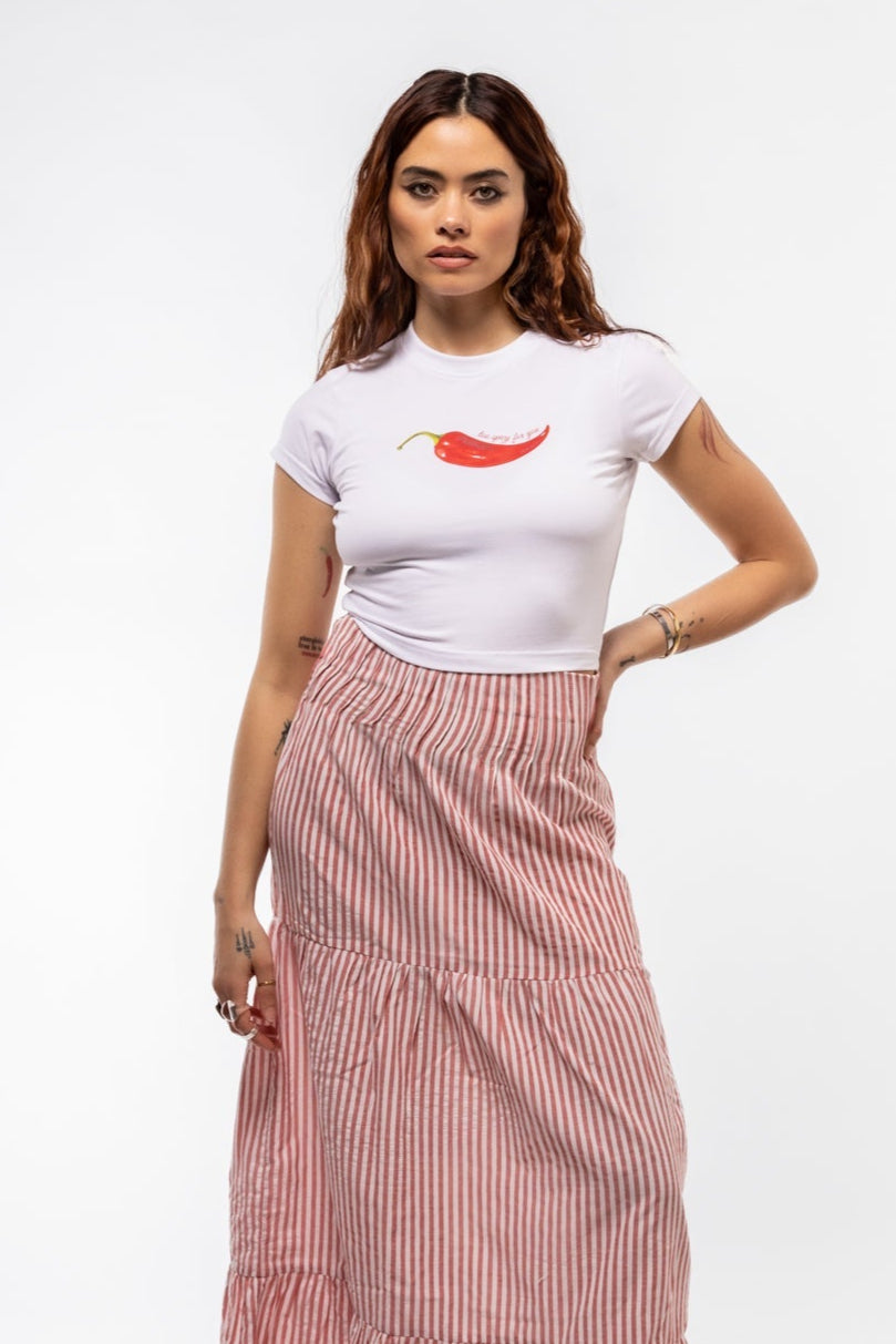 "Too Spicy For You" graphic tee front shot showcasing playful slogan and vibrant chili graphic

