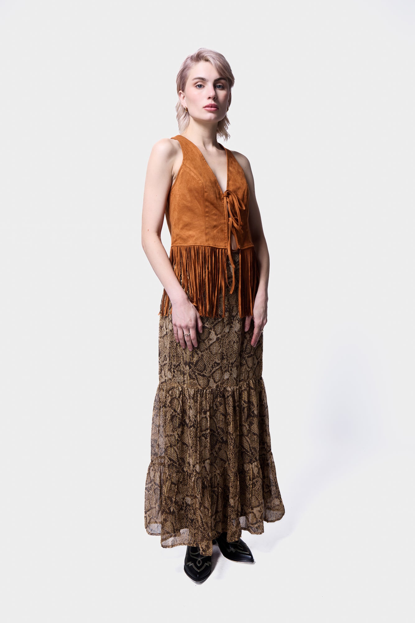 Trendy Suede Cowboy Tassel Waistcoat – Festival Style front view 
