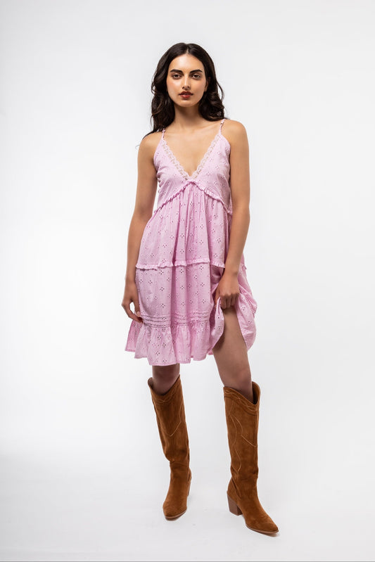 V-Neck Embroidered Cotton Summer Dress on Model

