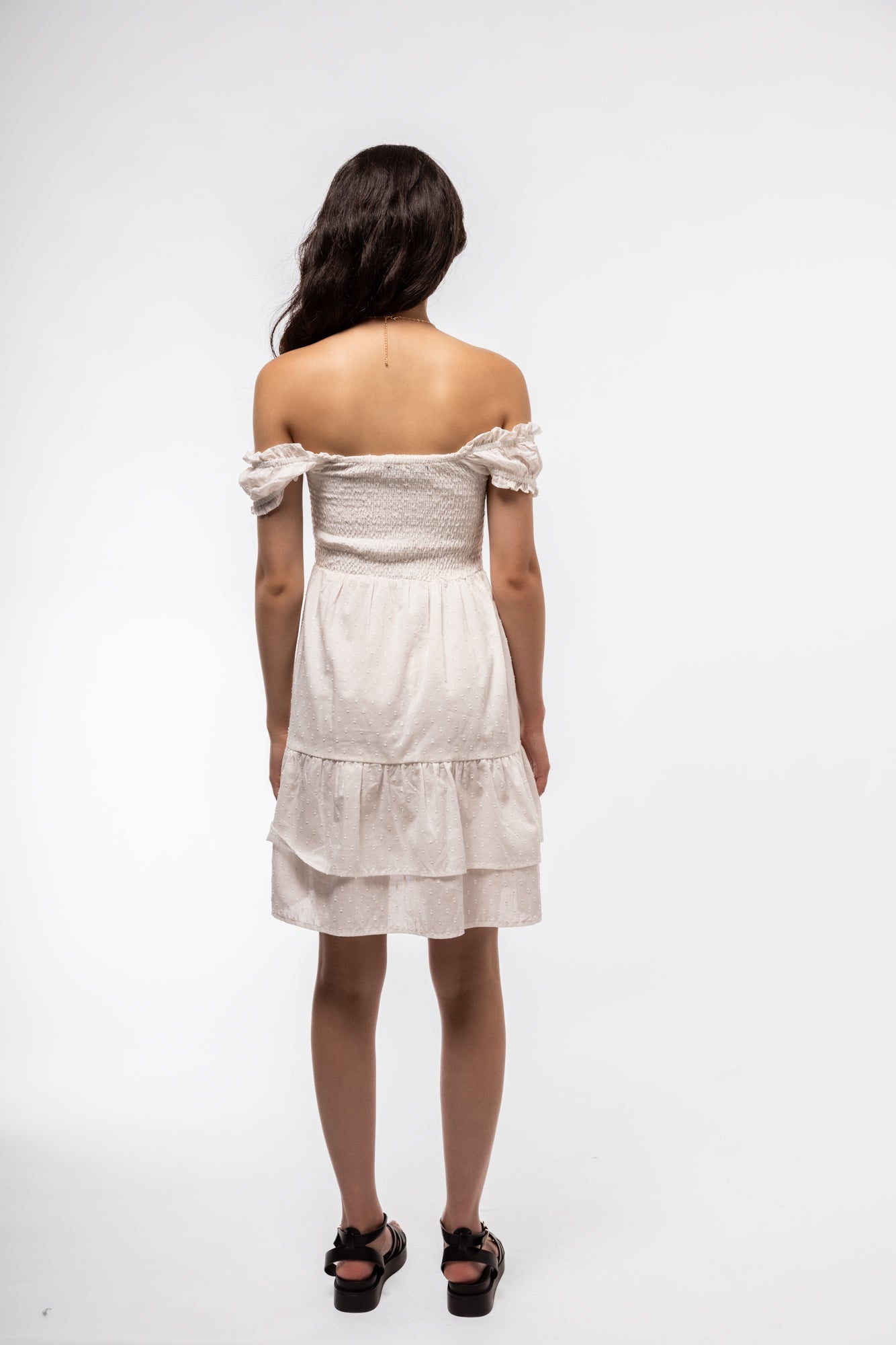 White summer tea dress, rear view with shirred bodice and airy cotton feel.

