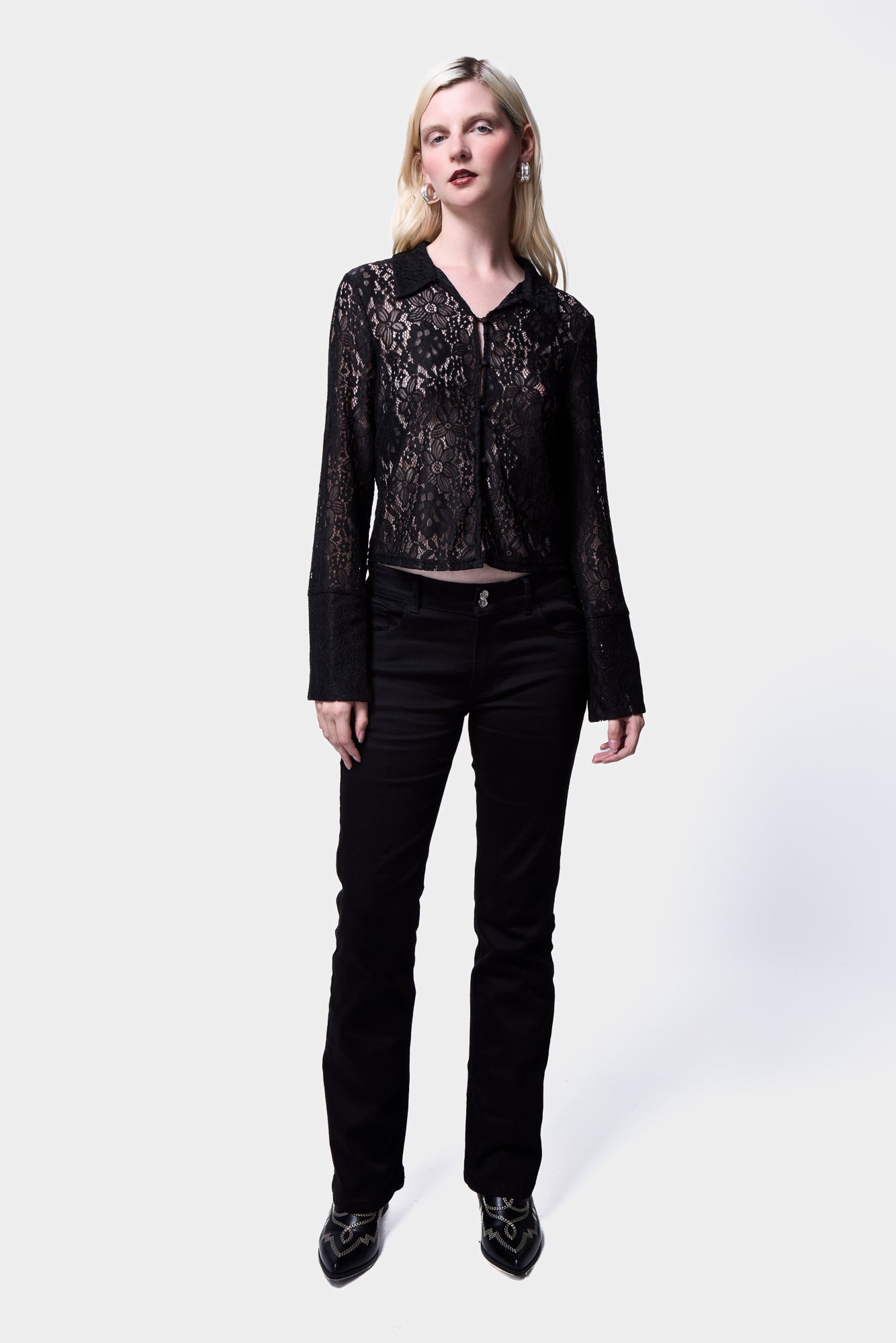 Women's Black Lace Long Sleeve front view full body 