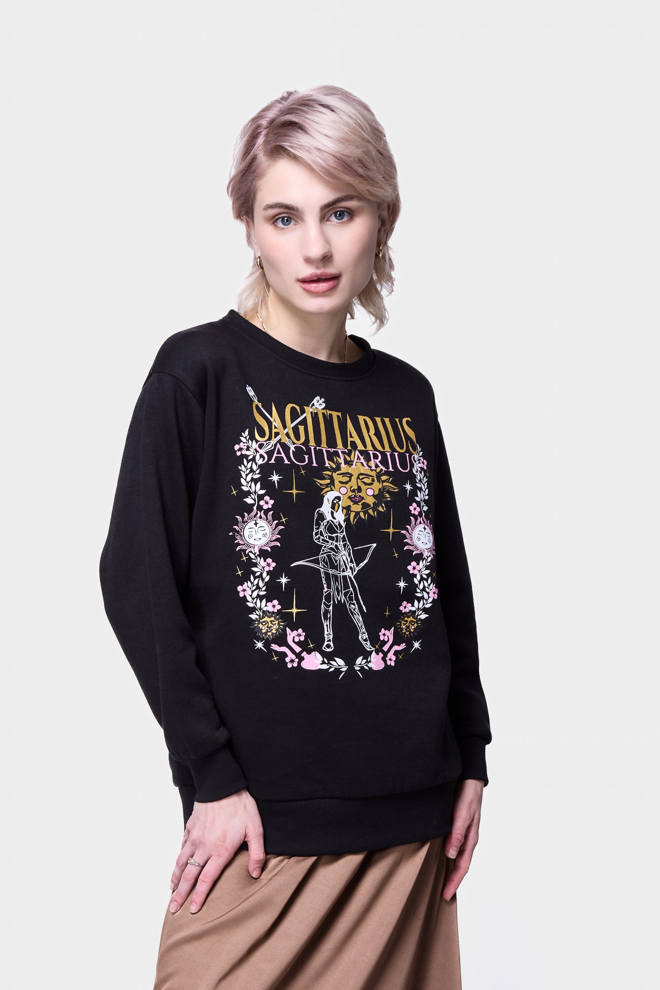 Black Sagittarius zodiac symbol sweatshirt from Silkroad Daughters