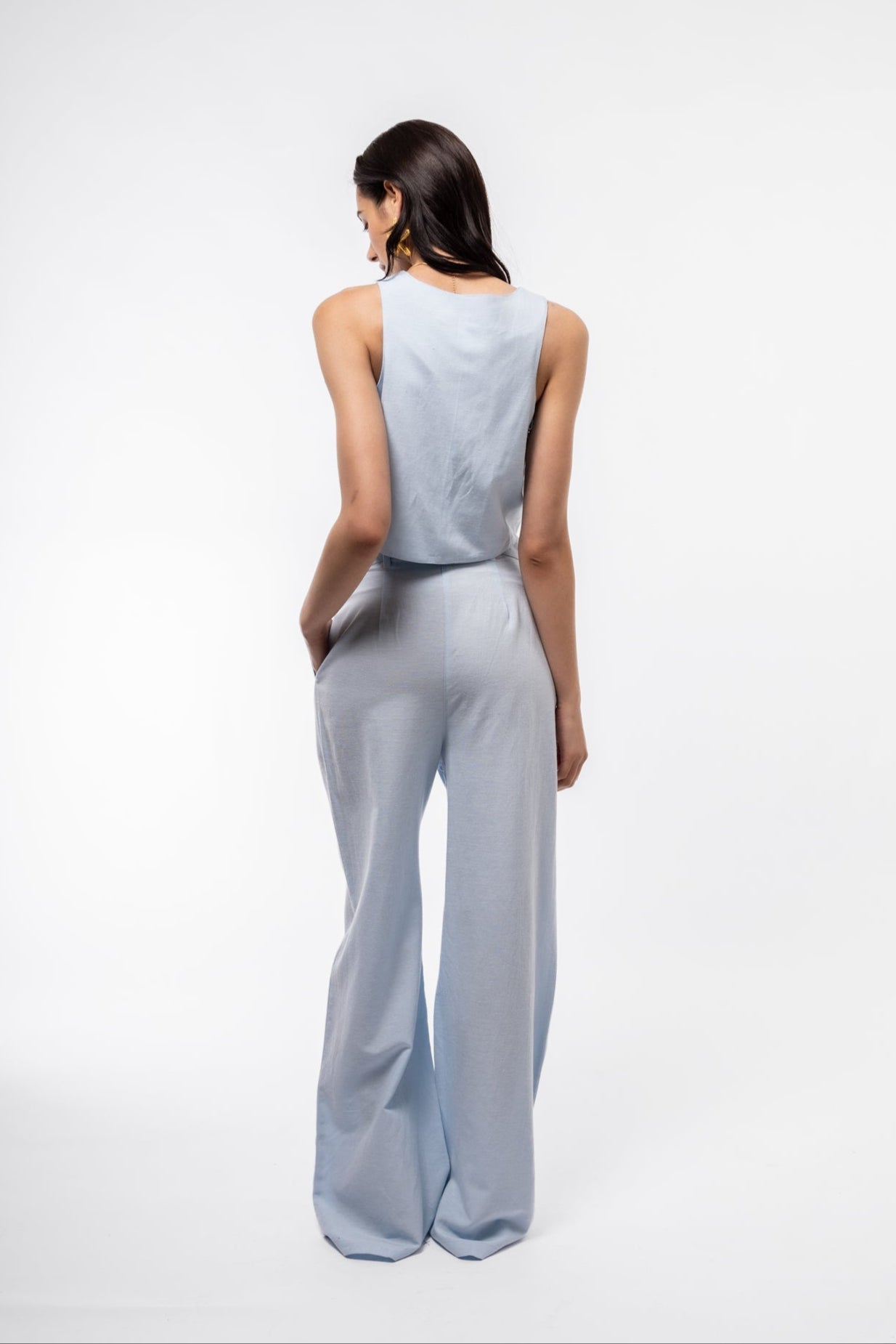 back view of the light Blue Vest -in cotton blend 