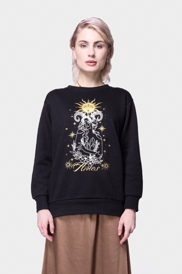 Aries-themed black sweatshirt by Silkroad Daughters