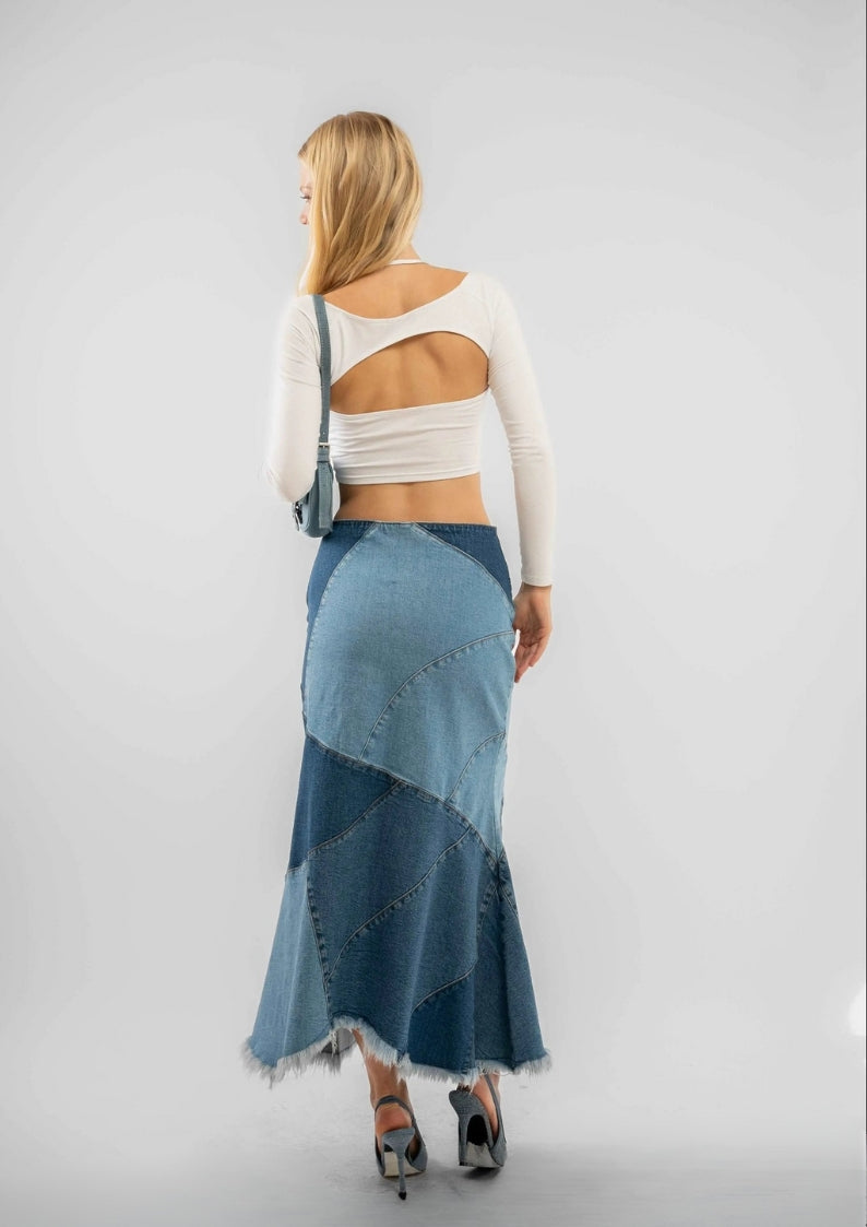 MIDI PATCH DENIM SKIRT IN MID BLUE SILKROAD DAUGHTERS