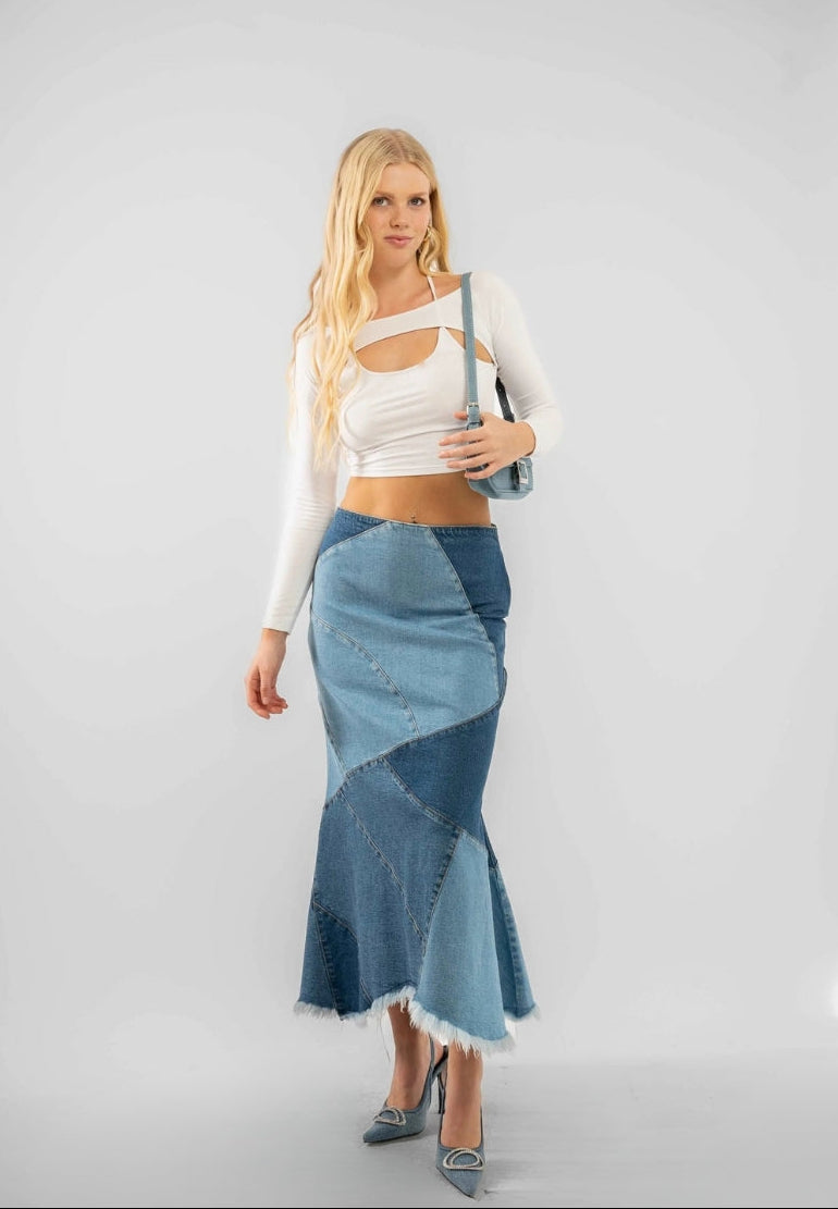 MIDI PATCH DENIM SKIRT IN MID BLUE SILKROAD DAUGHTERS