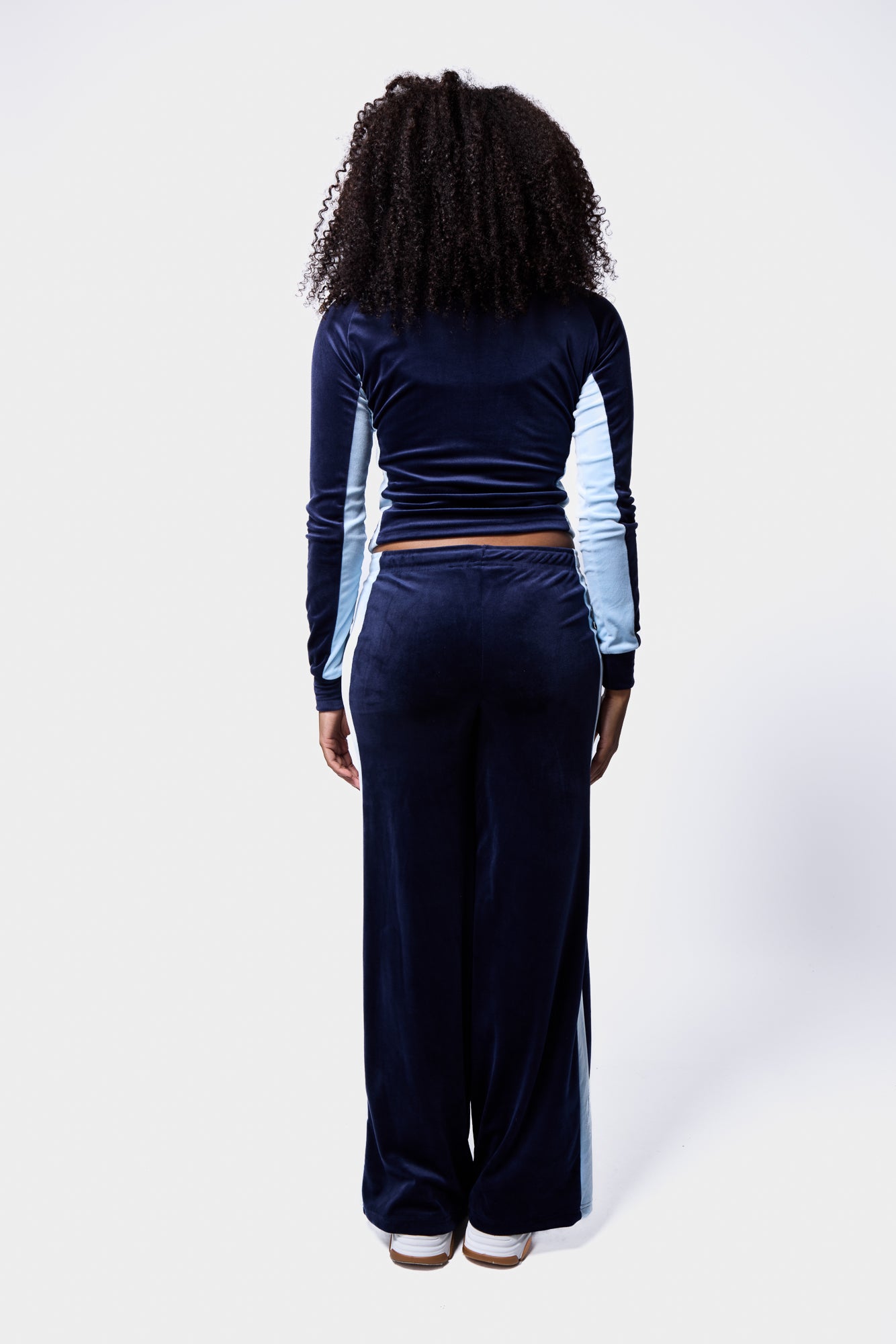 Blue velour top with contrast light blue panel